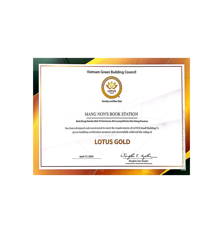 เกียรติบัตรรับรองมาตรฐาน Lotus Green Building ระดับ Gold จาก VGBC สำหรับโครงการศูนย์หนังสือ “Mang Non” (ซึ่งเป็นโครงการชนะเลิศ INSEE Prize ประจำปี 2565) ในปี 2567
