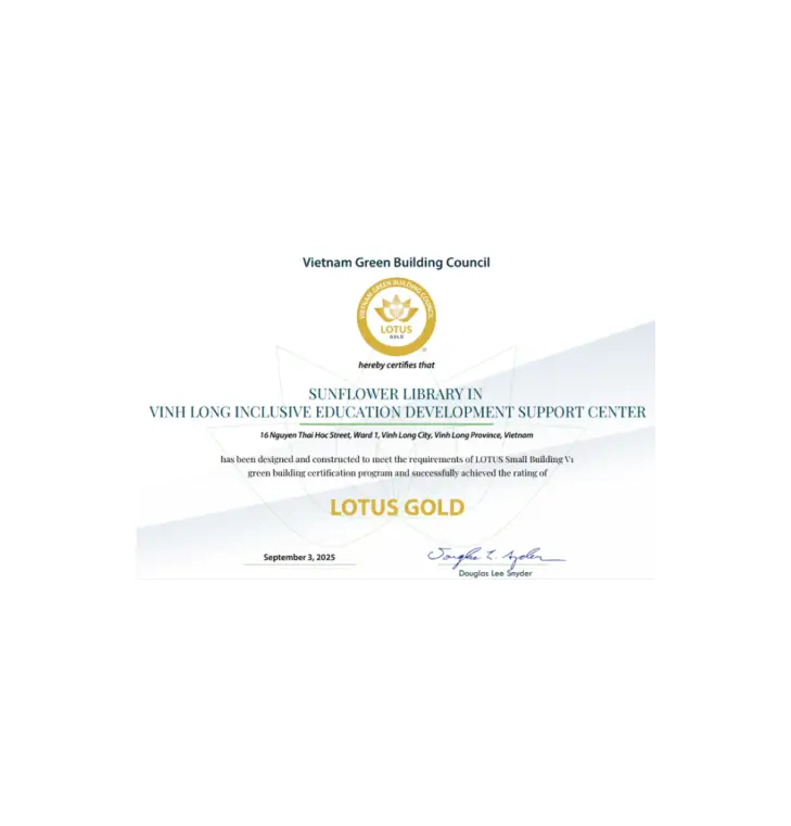 เกียรติบัตรรับรองมาตรฐาน Lotus Gold Green Building จาก VGBC สำหรับการใช้วัสดุก่อสร้างที่ได้รับการรับรอง Green Label และ EPD ควบคู่กับการออกแบบอาคารที่ช่วยประหยัดพลังงาน